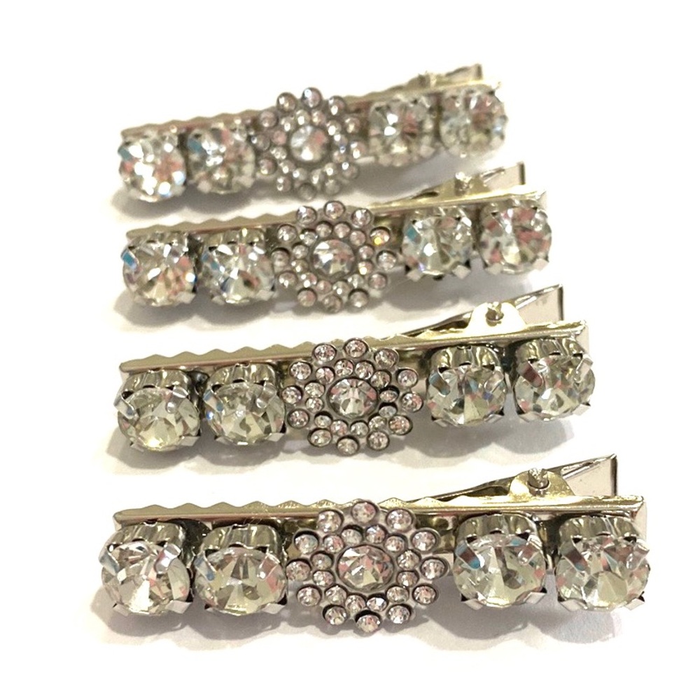 Set Of 4 Rhinestone Hair Clips Barrettes Silver Tone Flower Updos